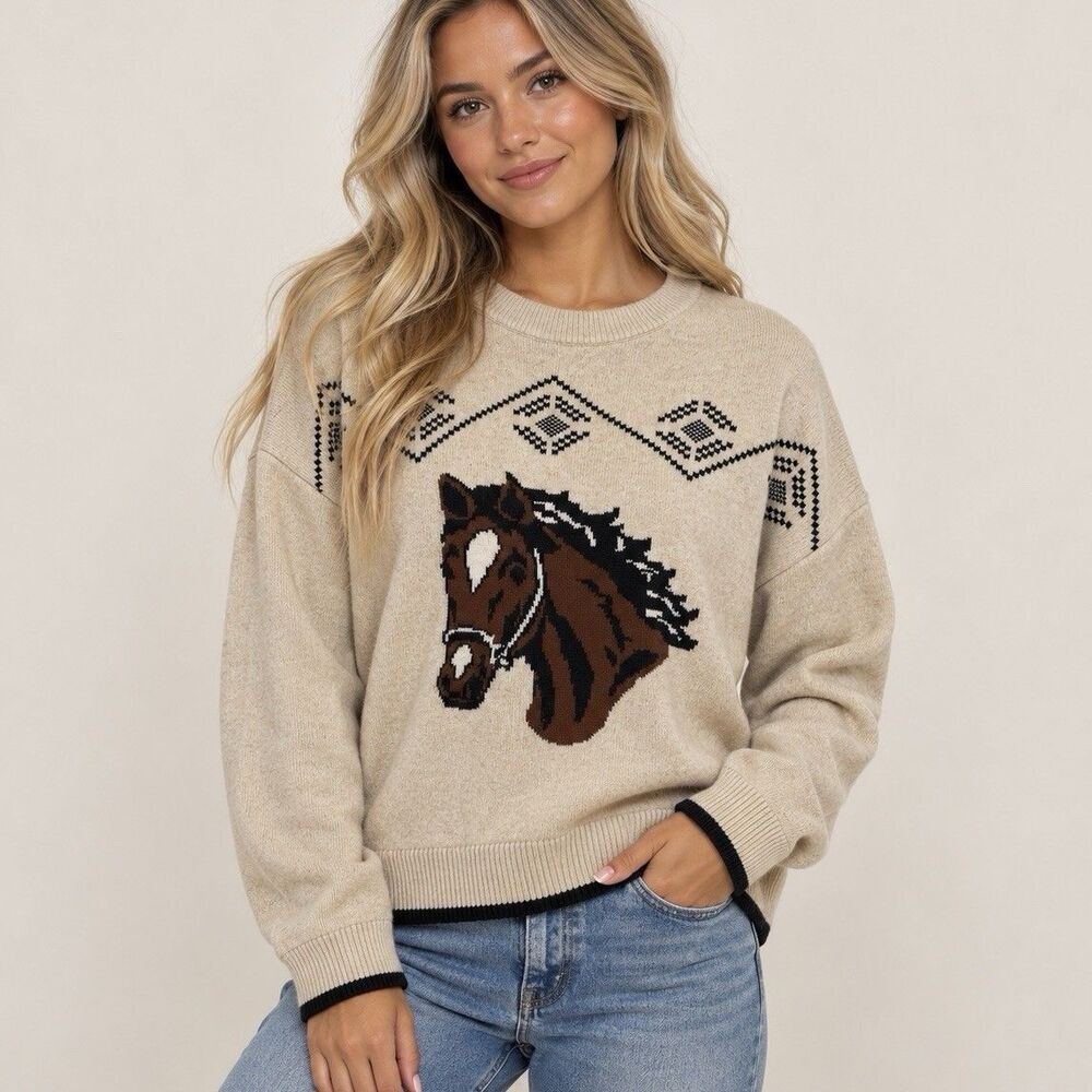 LOFT Horse Sweater Womens L NWT Cream Western Equestrian Southwestern Pullover